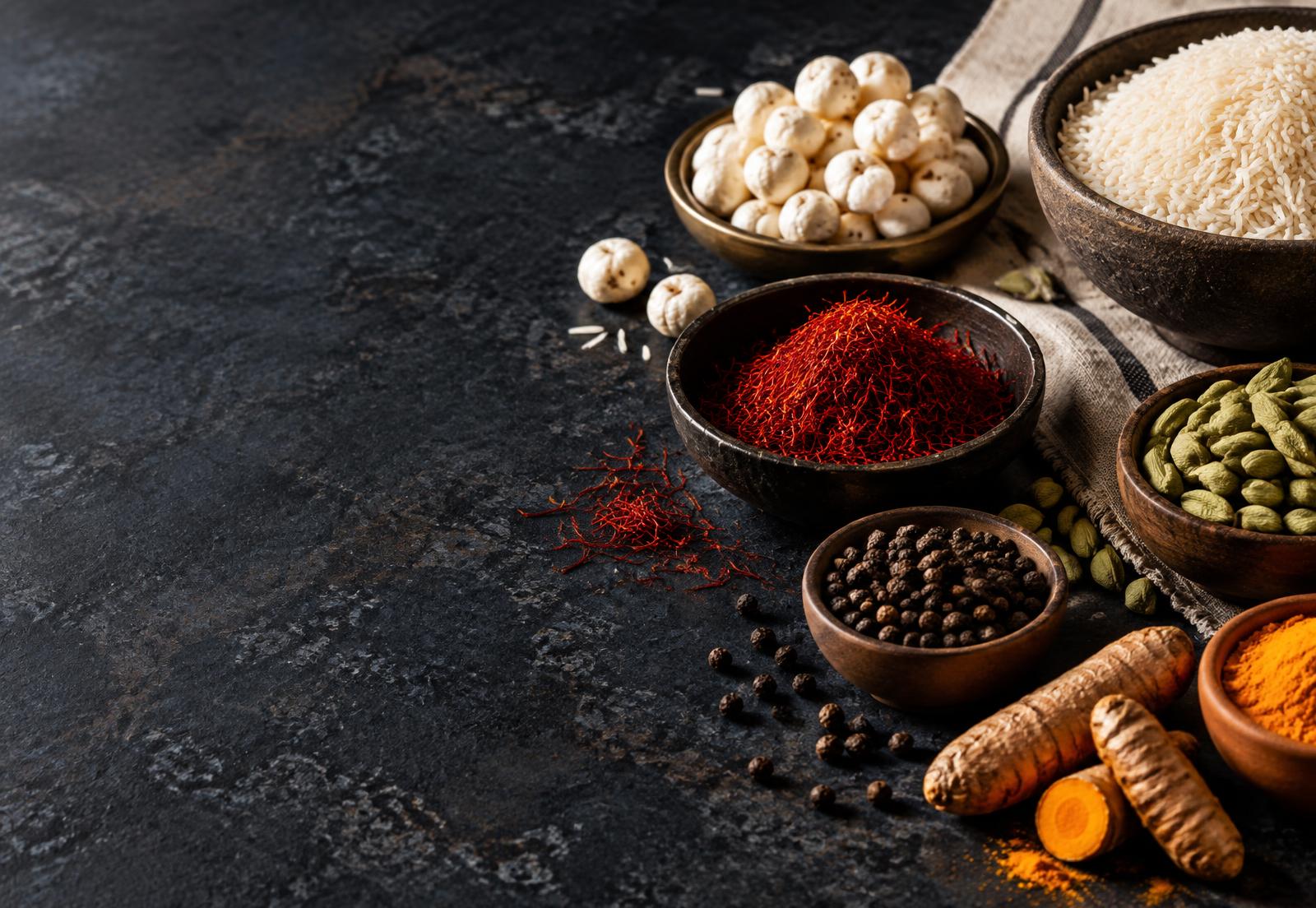 Indian spices, rice, makhana, and cardamom arranged for product sourcing
